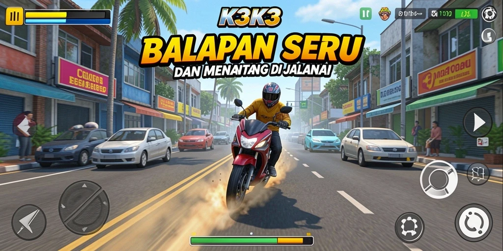 Screenshot gameplay K3K3 menampilkan aksi balap di jalanan yang menegangkan.