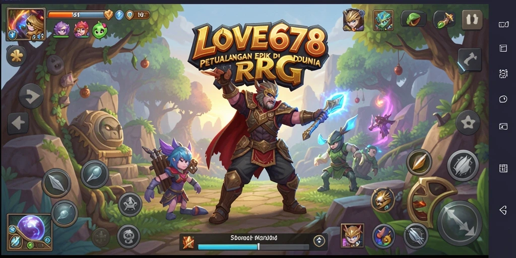 Screenshot LOVE678 menampilkan pertarungan seru di dunia RPG yang penuh warna.